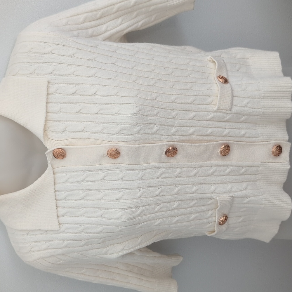 Nicole Miller Ivory Cable Knit Cardigan with Metallic Buttons